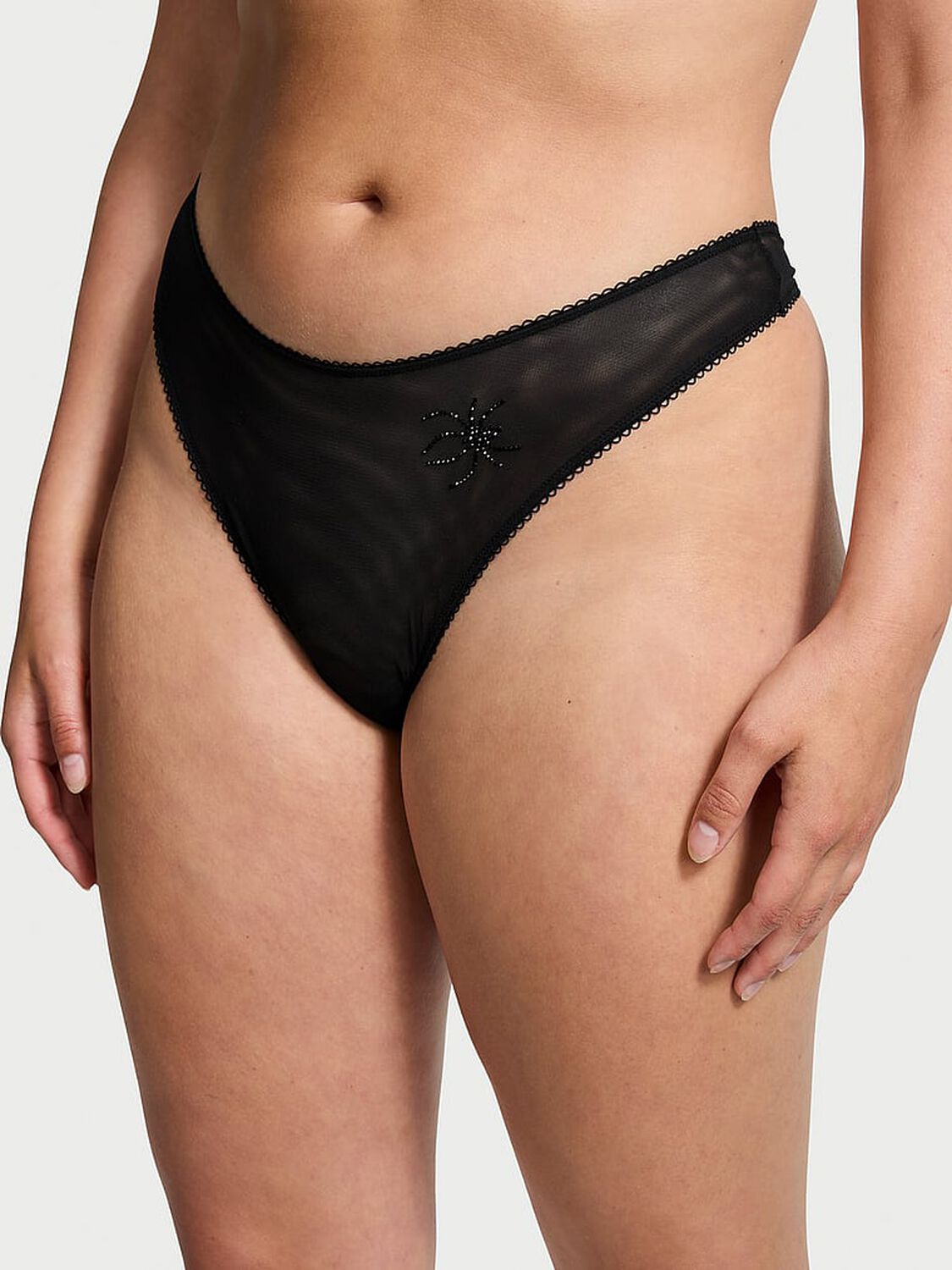 vs Very Sexy Spider Shine Mesh High-Leg Thong Panty Black 1 of 3 