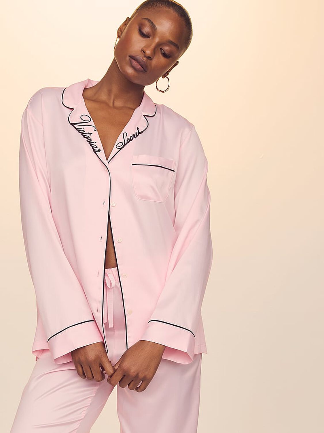 vs Victoria's Secret Glazed Satin Long Pajama Set Angel Pink W Collar Embroidery 3 of 5 