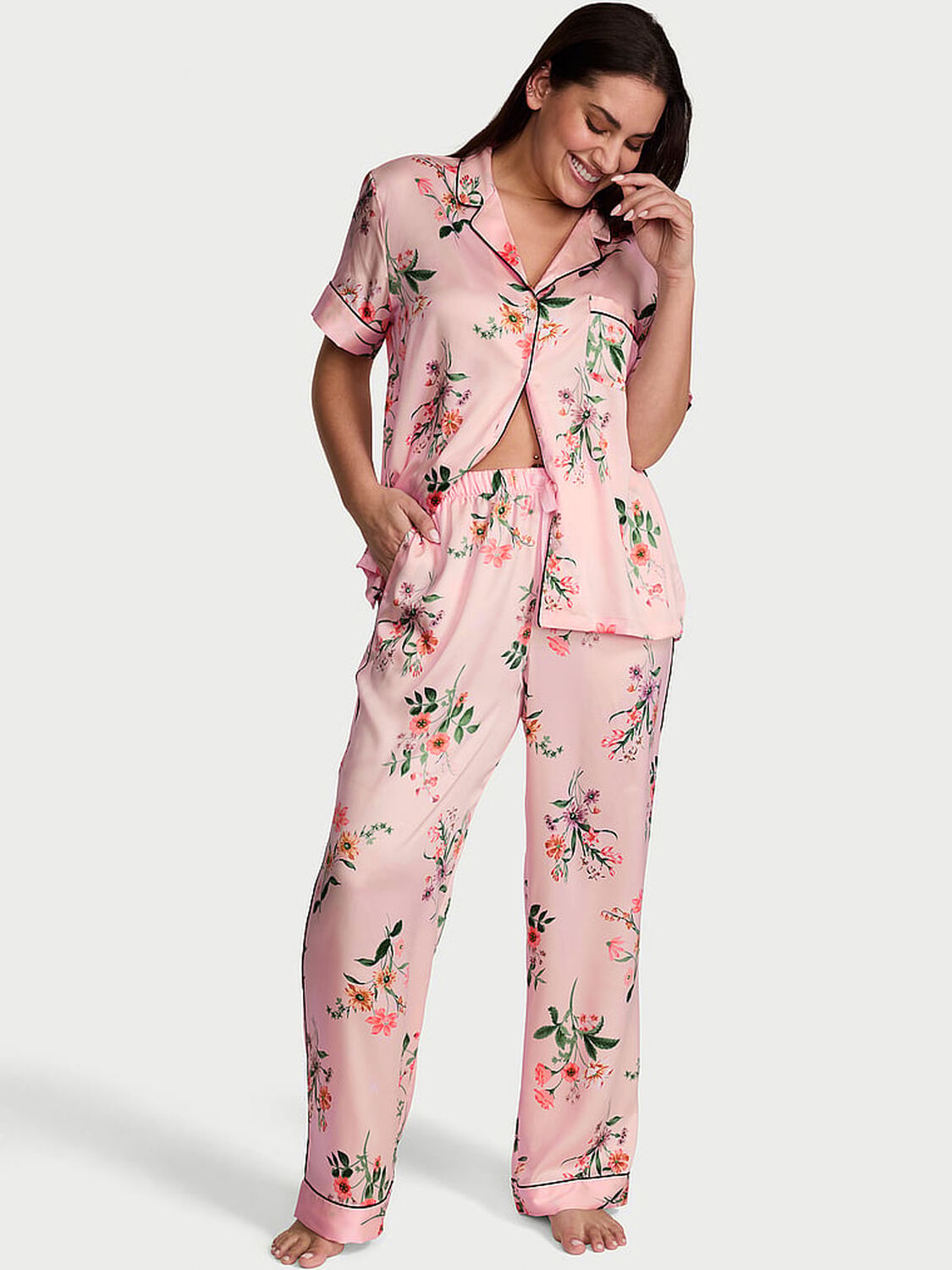 vs Victoria's Secret Glazed Satin Short-Sleeve Long Pajama Set Angel Pink Botanical 1 of 2 
