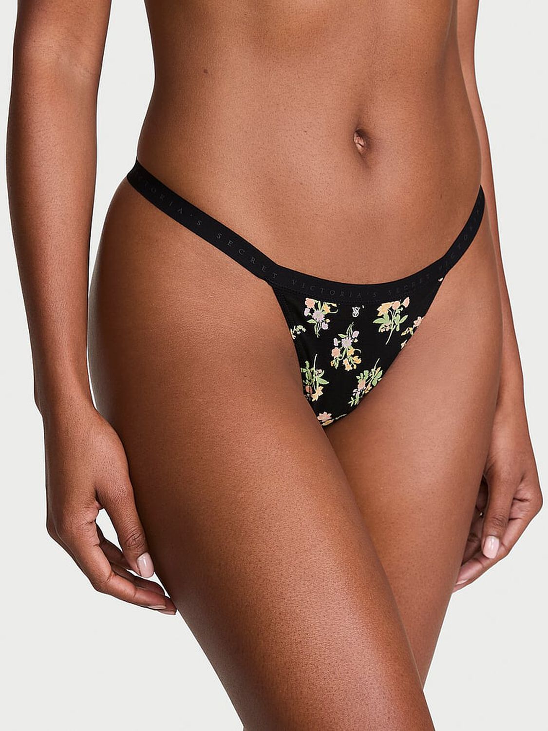 vs Victoria's Secret Stretch Cotton V-String Panty Black Floral Bouquet 1 of 2 