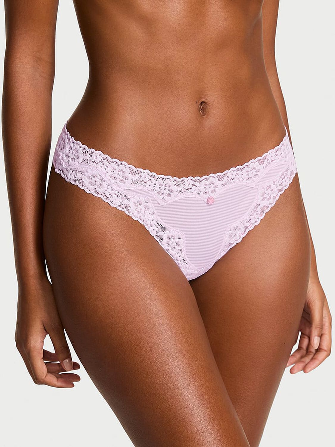 vs Lace Trim Cotton Shadow Stripe Lace-Waist Thong Panty Perfume 1 of 2 