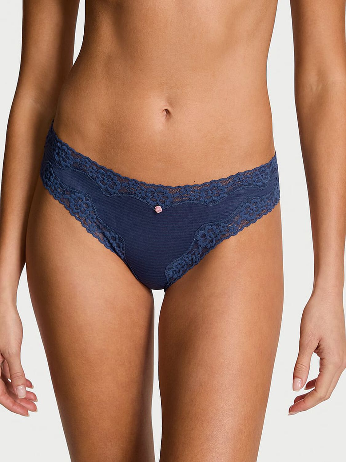 vs Lace Trim Cotton Shadow Stripe Lace-Waist Bikini Panty Ink Blue 1 of 2 