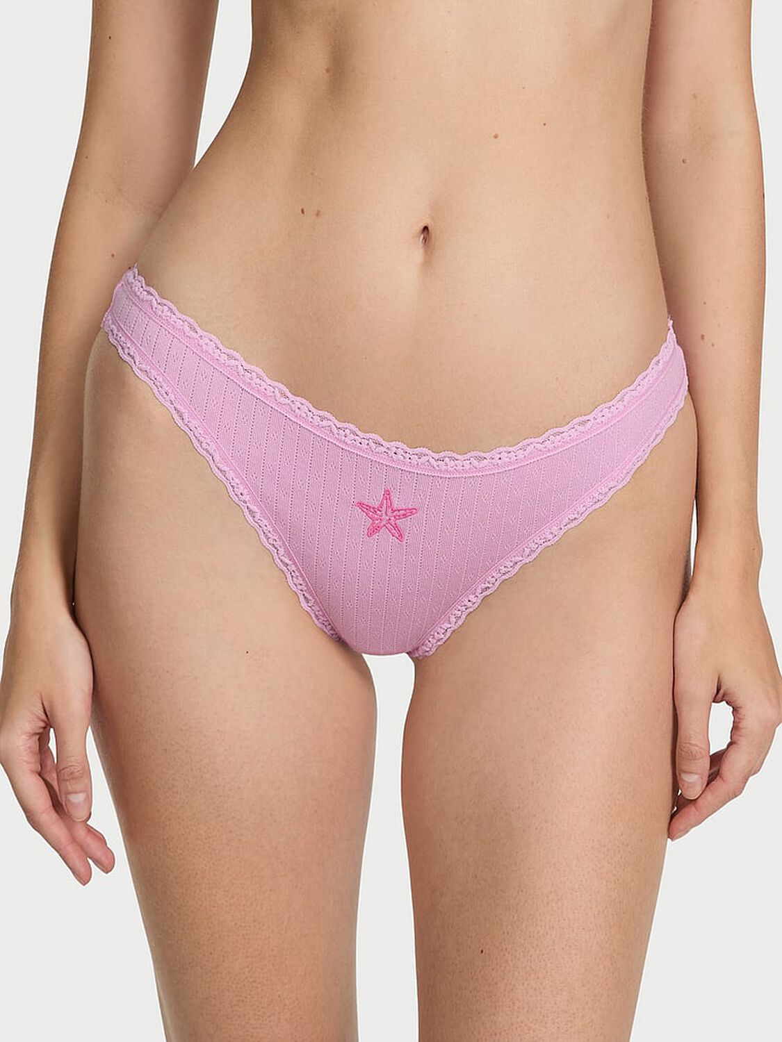 vs The Lacie Stretch Cotton Pointelle Lace-Waist Thong Panty Waterlily Starfish 1 of 3 