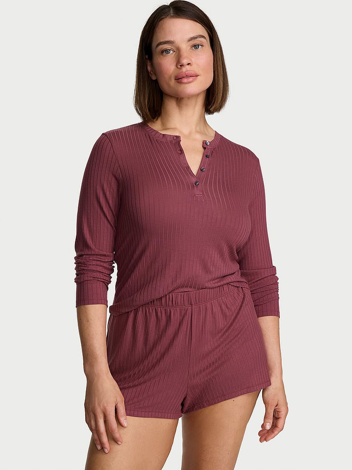 vs Victoria's Secret SoSoft&trade; Modal Wide-Rib Long-Sleeve Henley & Shorts Set Morning Rose 1 of 3 
