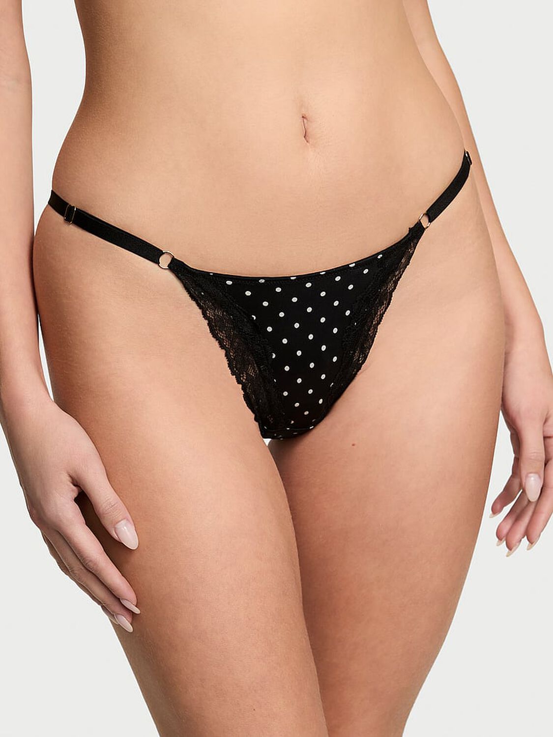 vs Very Sexy Lace-Trim High-Leg Adjustable V-String Panty Black Dots 1 of 4 