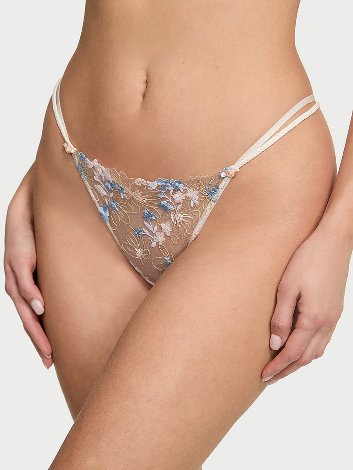 vs Dream Angels Wildflower Embroidery Brazilian Panty White & Blue Wildflowers 1 of 3 