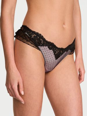 Heritage Dot Mesh Lace-Trim Flutter Thong Panty