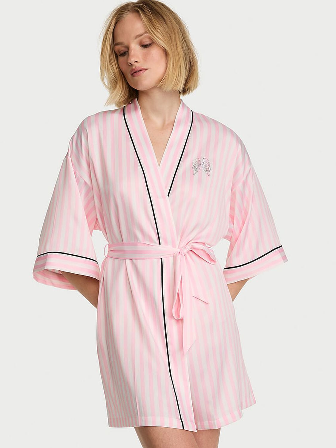 vs Victoria's Secret Signature Satin Short Piped Robe Pink Heritage Stripes 1 of 3 