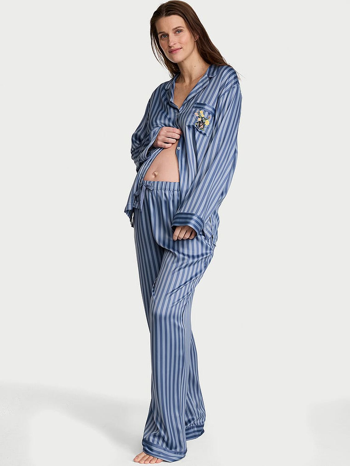vs Victoria's Secret Signature Satin Long Pajama Set Blue Grey & Thunder Blue Stripes 1 of 2 