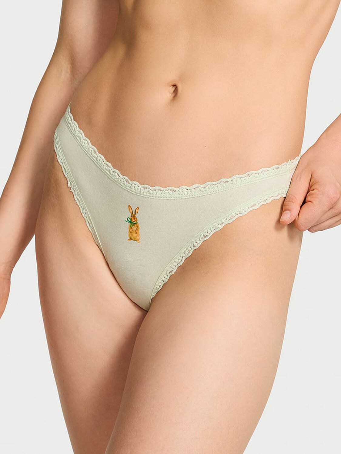 vs Lace Trim Cotton Lace-Waist Thong Mint Crush Bunny 1 of 2 