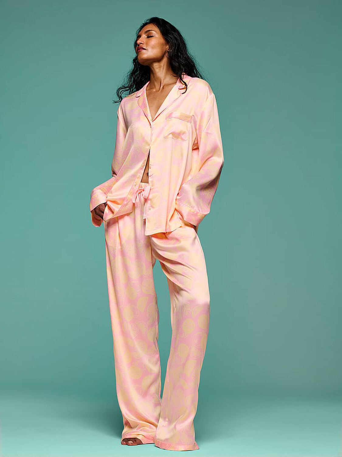 vs Victoria's Secret Signature Satin Long Pajama Set Pretty Blossom Lemons 4 of 4 