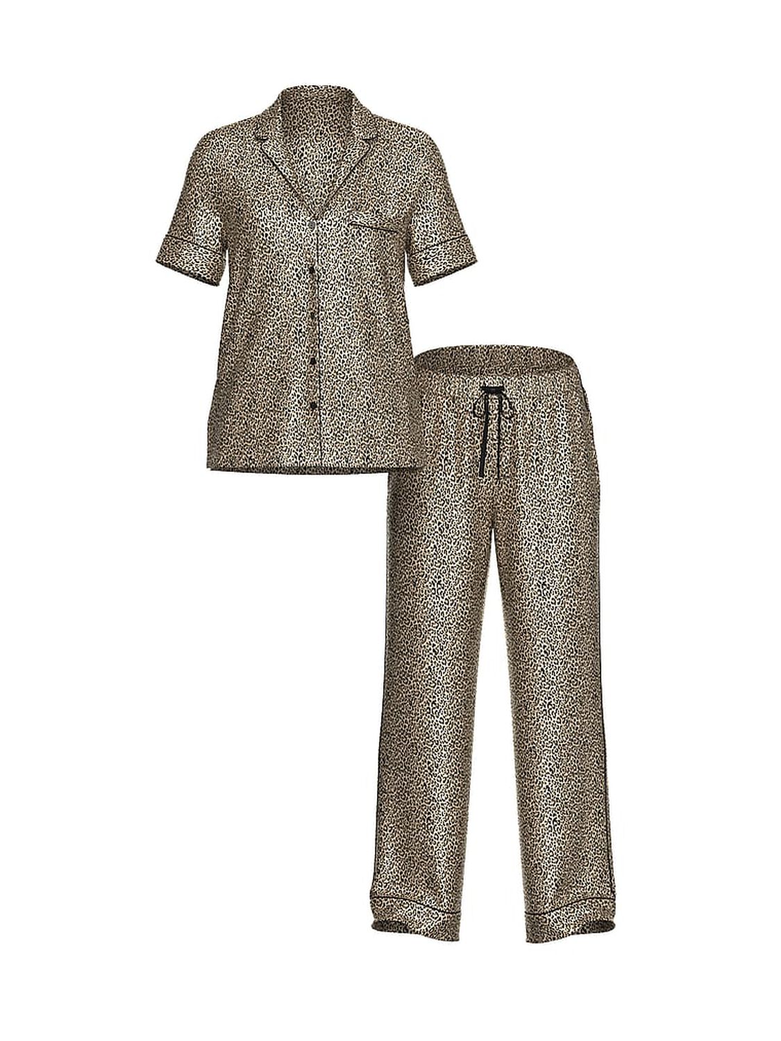 vs Victoria's Secret Glazed Satin Short-Sleeve Long Pajama Set Tan Leopard 3 of 3 