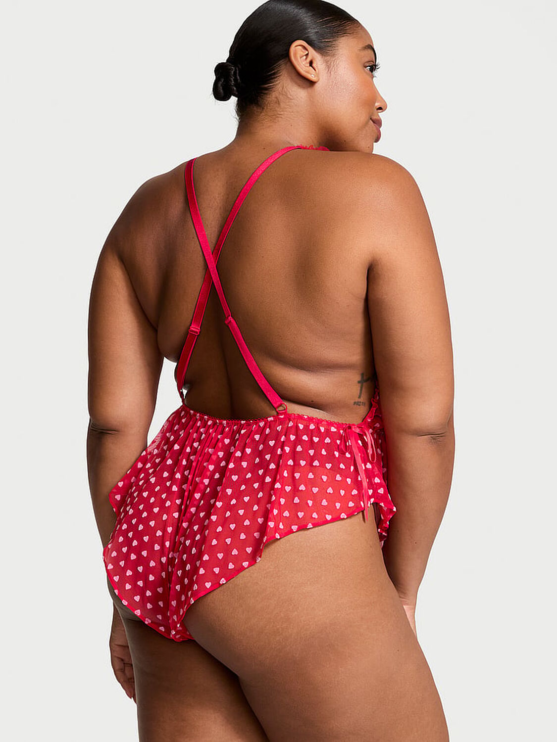 vs Victoria's Secret Tease Mini Hearts Flocked Mesh Romper Bright Vermillion 2 of 4 