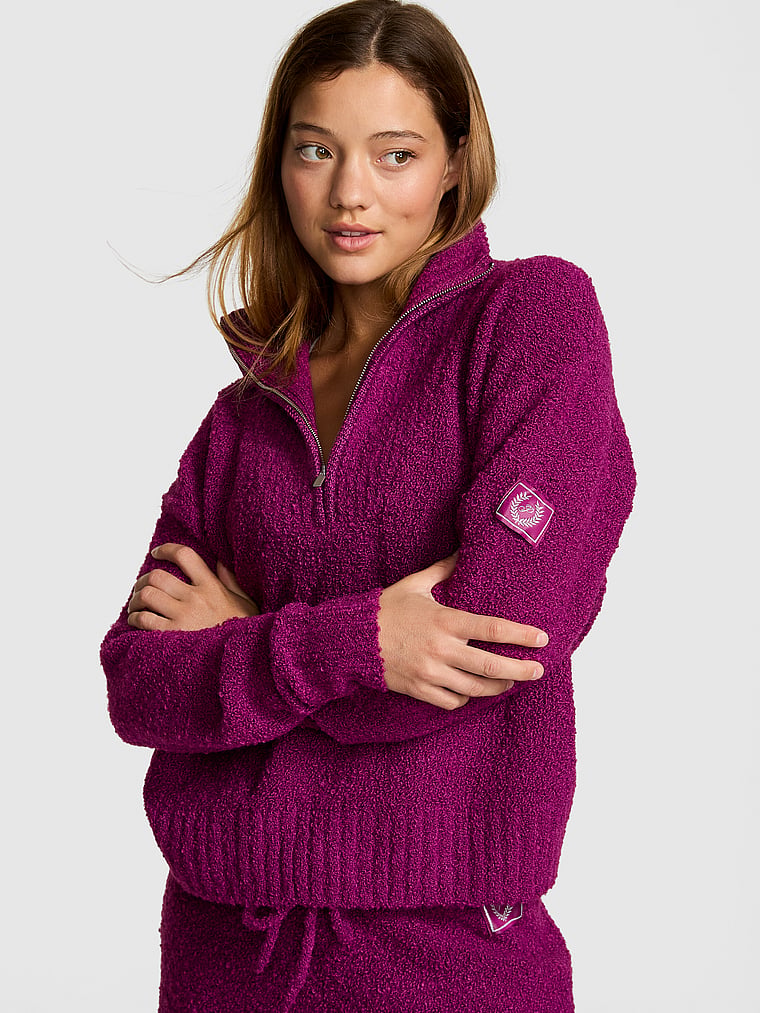 ★送料無料★新品★VICTORIA'S SECRET PINK★コンフォーター★ Cozy Bouclé Half-Zip Sweater Magenta Rose XS | Victoria's Secret