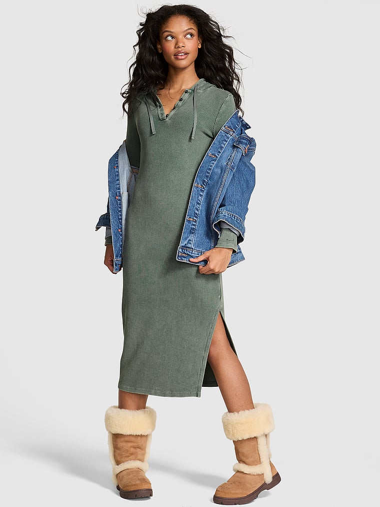 Vintage Ribbed Henley Hoodie Dress Deep Forest | Victoria's Secret