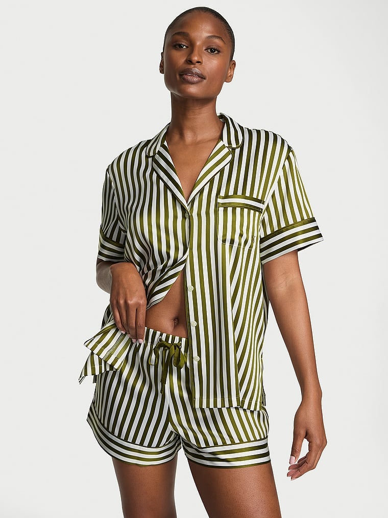 Satin Short Pajama Set Green Chamelon/Coconut White Stripe