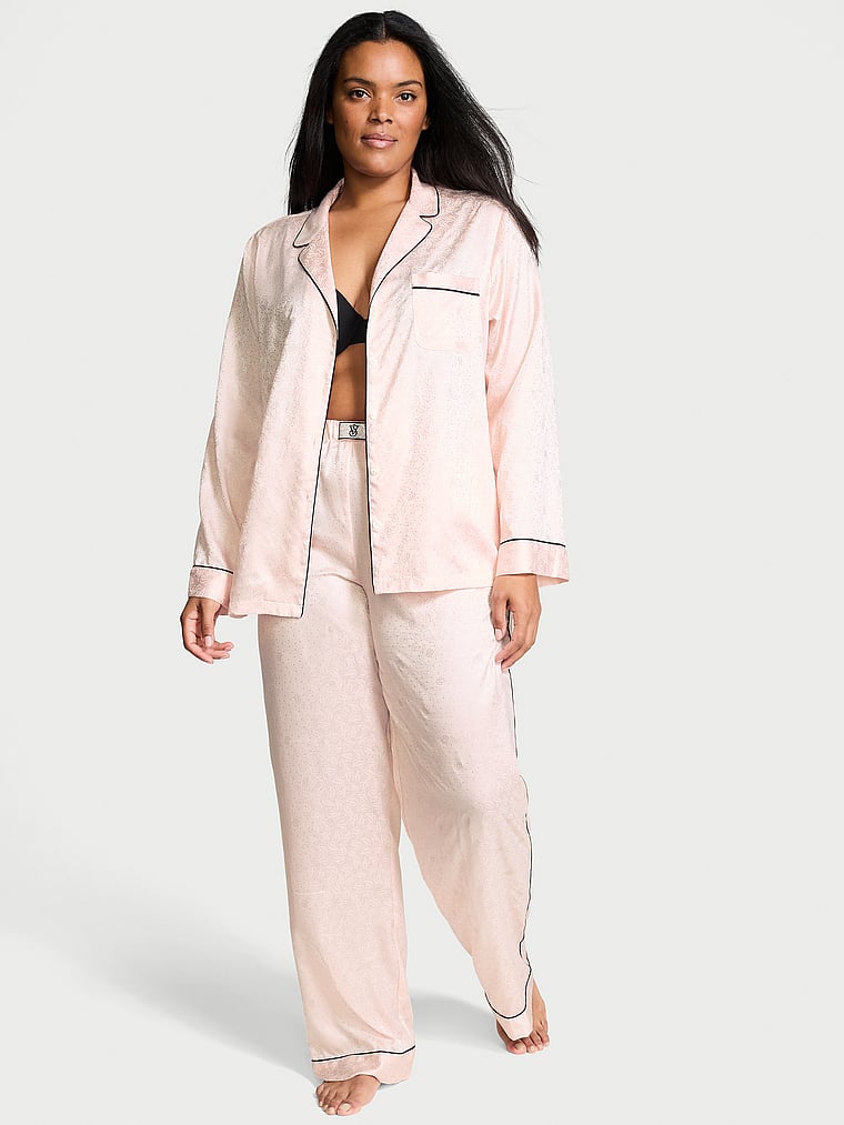 Pink Fleece Lined Satin Pyjamas Pajamas Sets Fleece Lined Satin