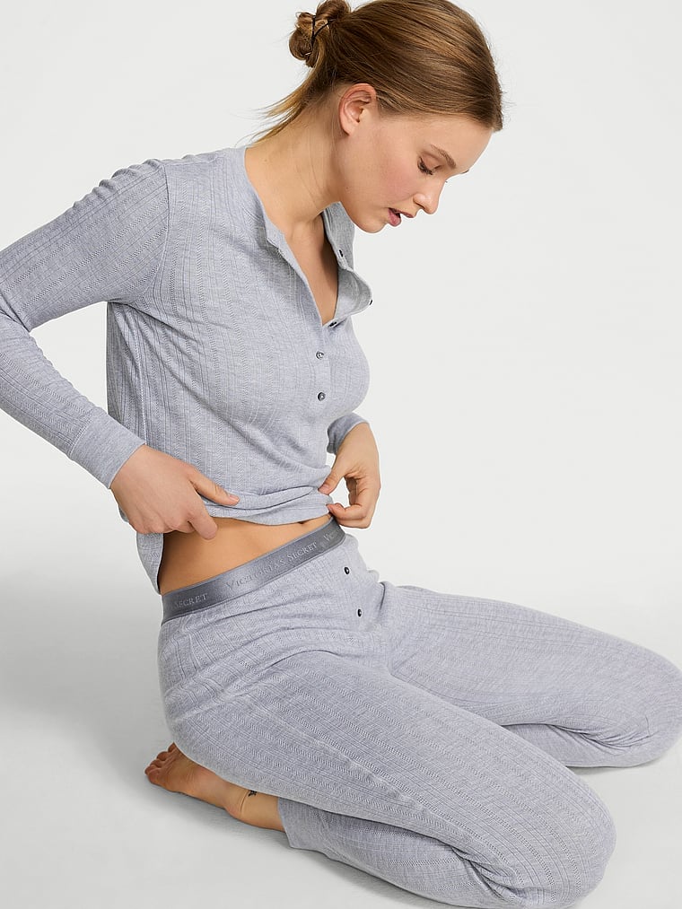 Cozy Pointelle Henley Long Pajama Set Medium Heather Grey