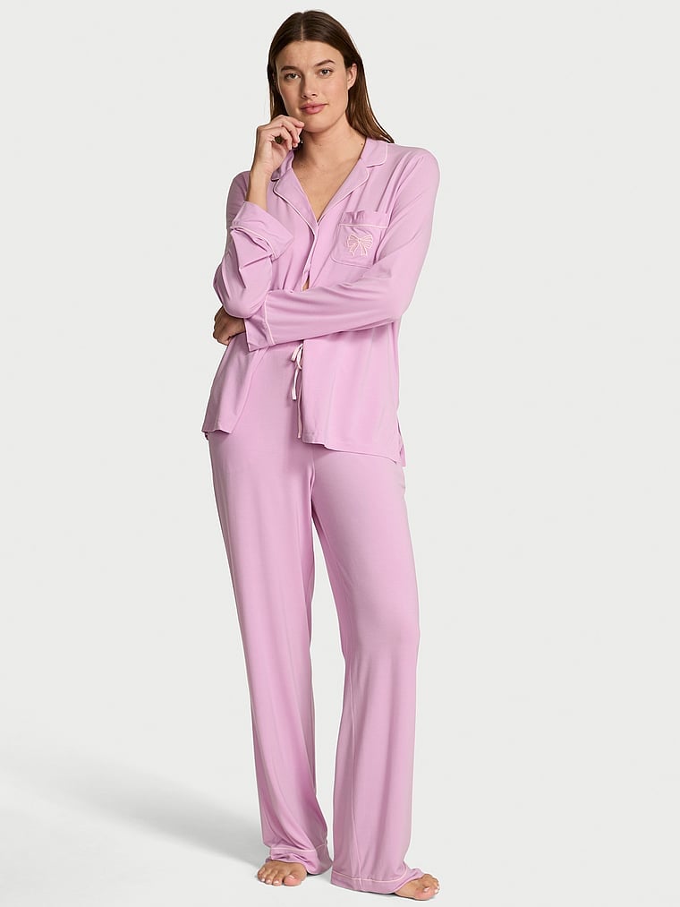 Modal Soft Bow Long Pajama Set Bikini Pink W Bow Pocket